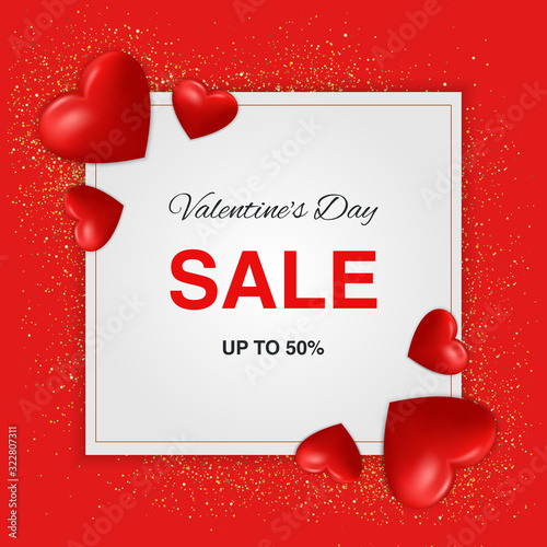 Valentine's Day sale banner, poster, logo with realistic red hearts, frame, sparkles, text on isolated background