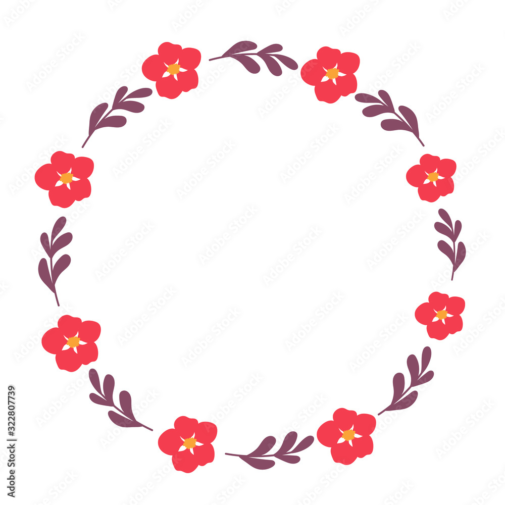 Round Frame of summer flowers and leaves. Hand-drawn design. Vector editable illustration