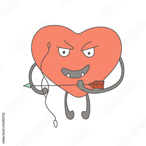 Insidious character heart with cupid arrow. Outbreak of feelings. Valentine's Day. Hand-drawn character design. Vector editable illustration