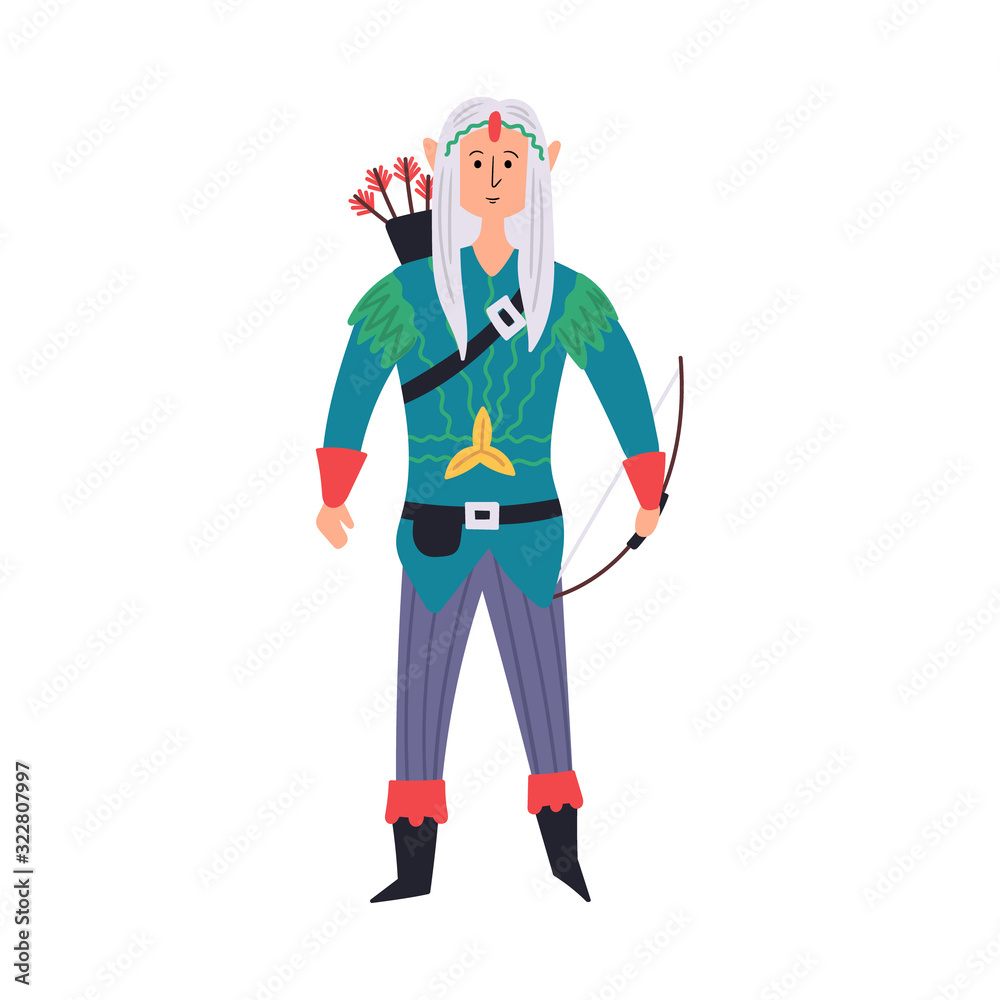 Forest elf with a bow and arrow. Fairytale character hand-drawn design. Vector editable illustration