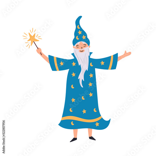 Wizard sorcerer with a magic wand. Fairytale character hand-drawn design. Vector editable illustration