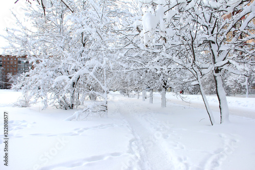 Winter landscape. Snowy streets of the city of Donetsk. Snow-covered paths of the Petrovsky district. © OLGA RA