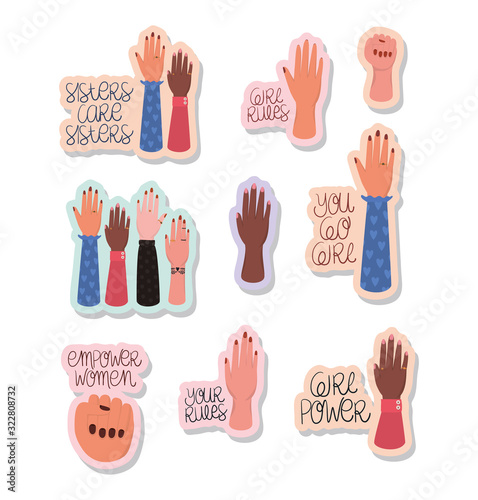 Hands and texts stickers set of women empowerment vector design