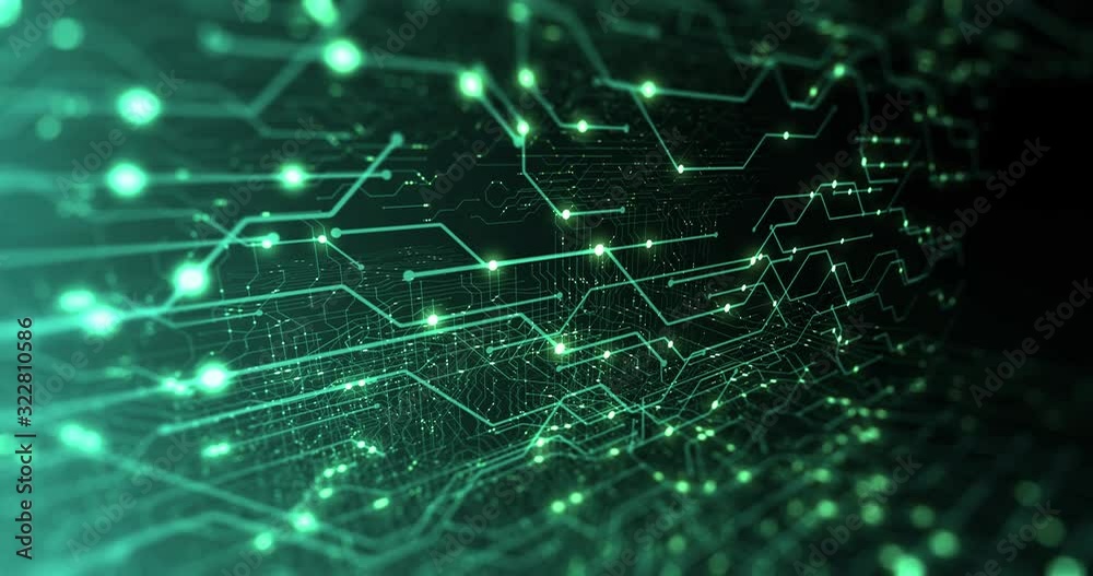 Abstract digital city. Digital Circuit board, Motherboard, Digital chip. Digitalization of Information: IT, IOT, Server, Data Center. Animated Visualization Network Data. 3D render, 4K seamless loop