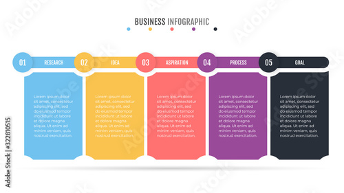 Business Infographic template. Timeline process with marketing icons and 5 steps, options. Vector for annual report and presentation.
