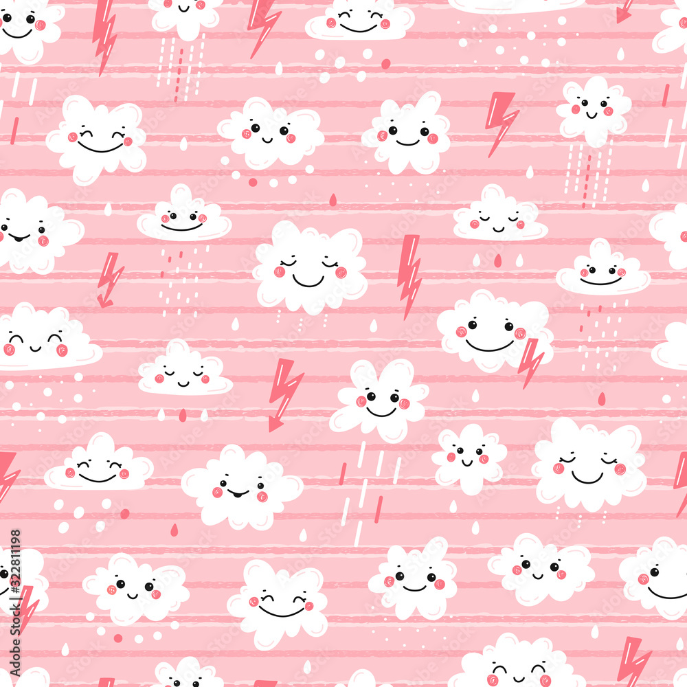 Vector Seamless Pattern with Cute Smiling Clouds with Rain Drops, Thunder and Lightning Icons. Sky Striped Pink Background for Kids Fashion, Nursery, Baby Shower Scandinavian Design.