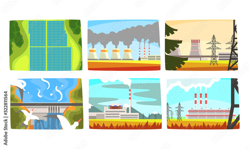 Traditional and Innovative Ecological Energy Generation Power Stations Collection, Hydroelectric Power Station, Electricity Generation Plants, Solar Panels Vector Illustration