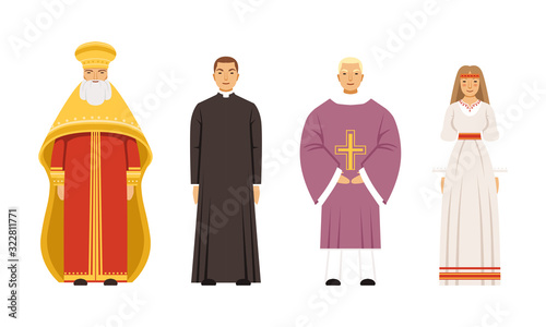 Religion People Characters in Traditional Clothes Collection, Orthodox Metropolitan, Catholic Priest or Pastor, Vicar, Slavic or Pagan Woman Vector Illustration