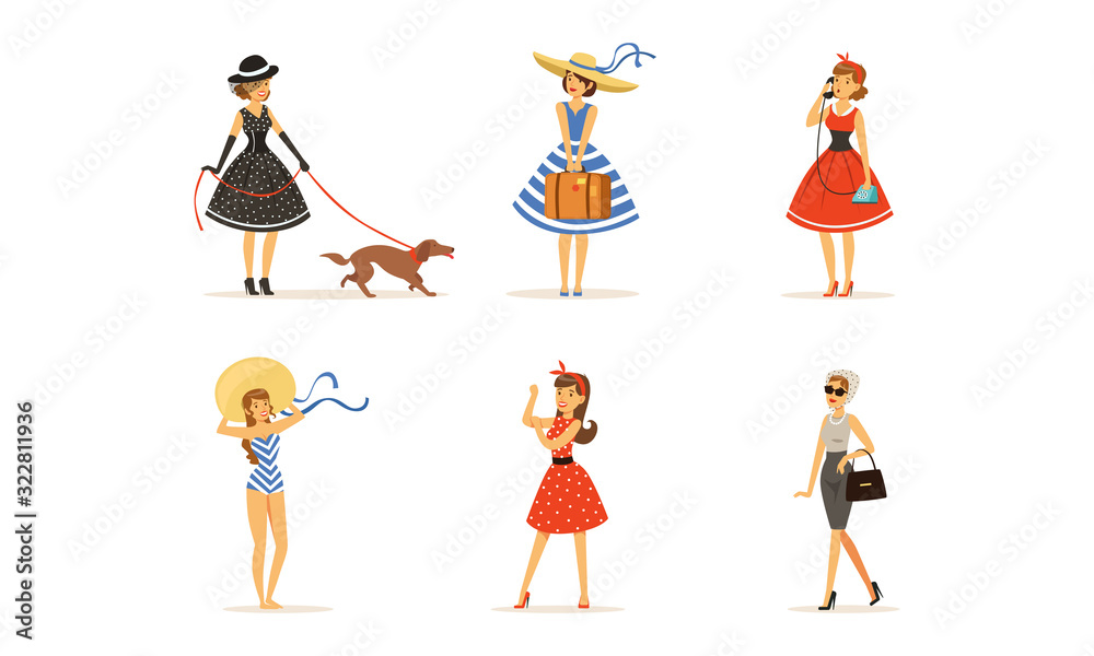 Beautiful Young Women Dressed Retro Style Fashion Clothes Collection Vector Illustration