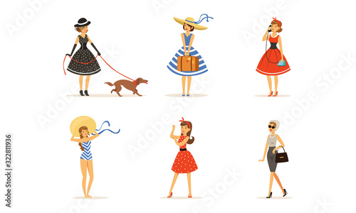 Beautiful Young Women Dressed Retro Style Fashion Clothes Collection Vector Illustration