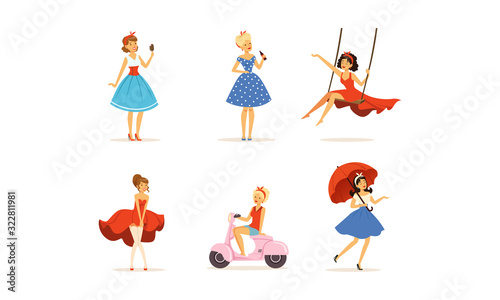 Beautiful Young Women Dressed Retro Style Clothes Collection Vector Illustration