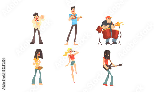 Musicians People Characters Collection, Musicians and Singers of Different Genres Playing on Music Instruments Vector Illustration