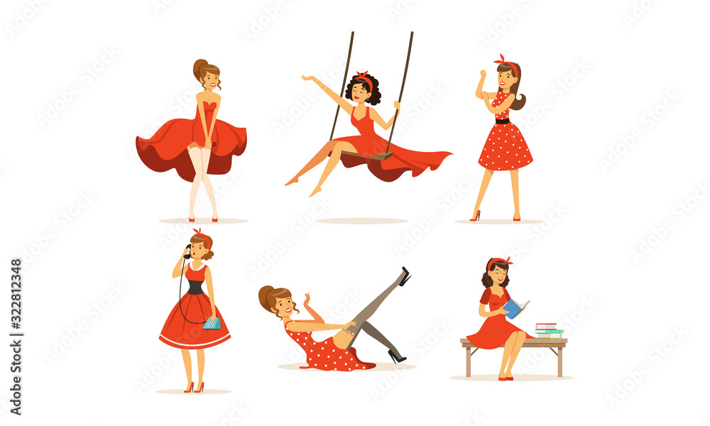 Beautiful Young Women Dressed Retro Style Red Dresses Collection Vector ...