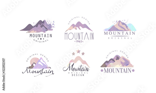 Mountain Original Logo Templates Collection, Outdoor Adventures Retro Watercolor Labels Vector Illustration