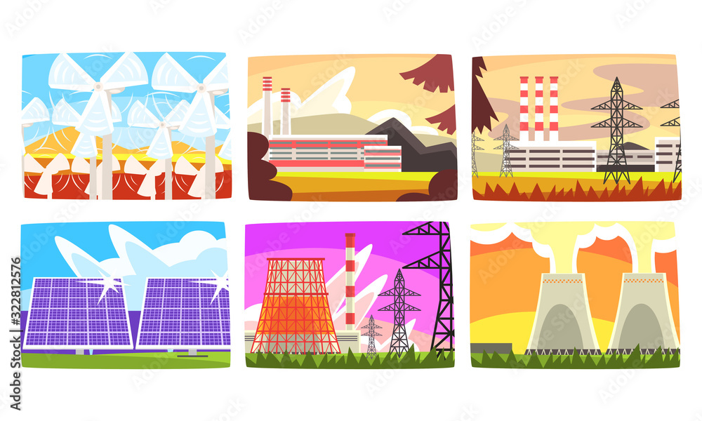 Traditional and Innovative Ecological Energy Generation Power Stations Collection, Electricity Generation Plants, Solar Panels, Power Plant Vector Illustration