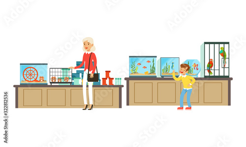 Pet Shop Interior with Seller and People Buying Animals, Feed, Accessories for their Home Animals Vector Illustration