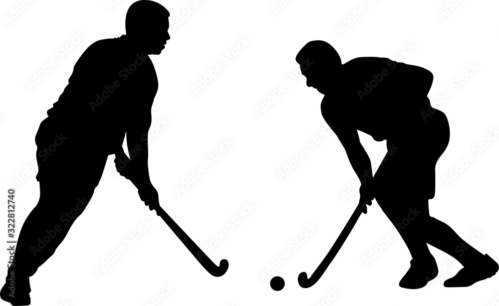 Silhouette of two field hockey players with a hockey stick and ball