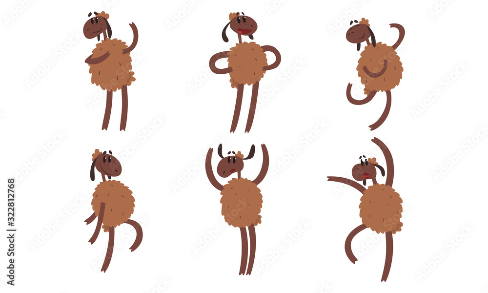 Funny Sheep Collection, Humanised Farm Animal Cartoon Character Standing on Hind Legs Vector Illustration