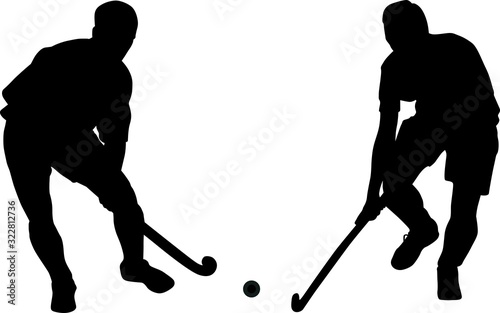 Silhouette of two field hockey players with a hockey stick and ball