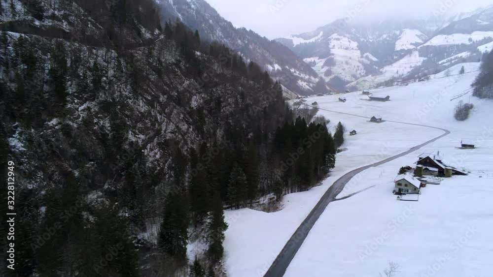 Amazing snow-capped fir forest in the alps - romantic winter scene - aerial photography