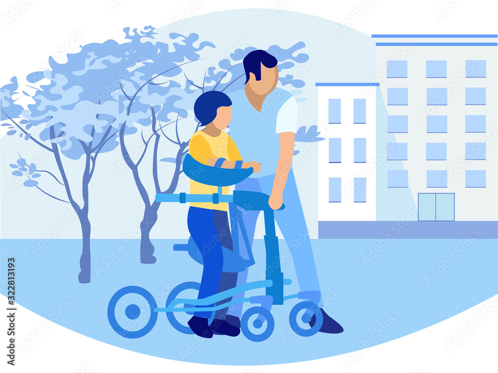 Physiotherapist Assist Little Girl Wheel Walkers. Medical Rehabilitation Program for Paralyzed Children Unable to Move Independently. Walk in Natural Park. Vector Flat Cartoon Illustration Physiotherapist Assist Little Girl Wheel Walkers. Medical Rehabilitation Program for Paralyzed Children Unable to Move Independently. Walk in Natural Park. Vector Flat Cartoon Illustration