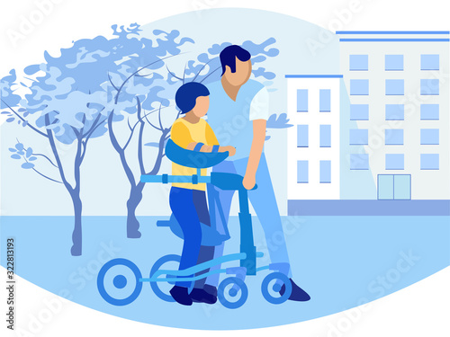Physiotherapist Assist Little Girl Wheel Walkers. Medical Rehabilitation Program for Paralyzed Children Unable to Move Independently. Walk in Natural Park. Vector Flat Cartoon Illustration