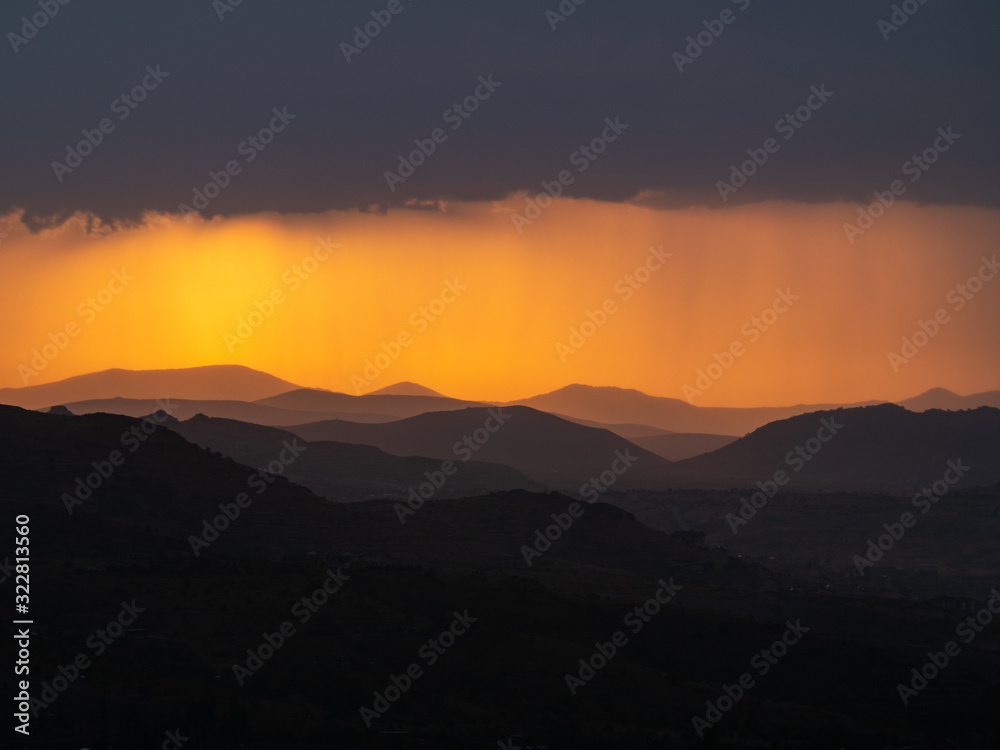 Fototapeta premium View across Cappadoccia valley from Uchisar Castle during sunset, Turkey