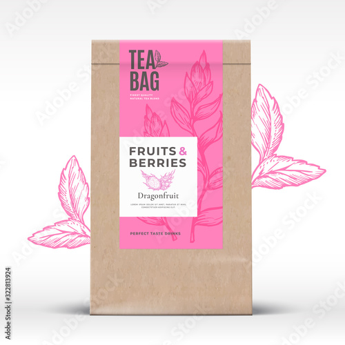 Craft Paper Bag with Fruit and Berries Tea Label. Abstract Vector Packaging Design Layout with Realistic Shadows. Modern Typography, Hand Drawn Dragonfruit and Leaves Silhouettes Background.