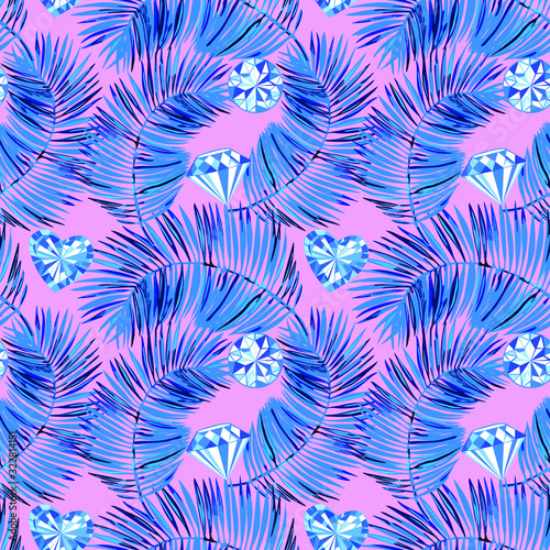 Blue palm leaves with crystals on a pink backgorund. Tropical seamless vector pattern.