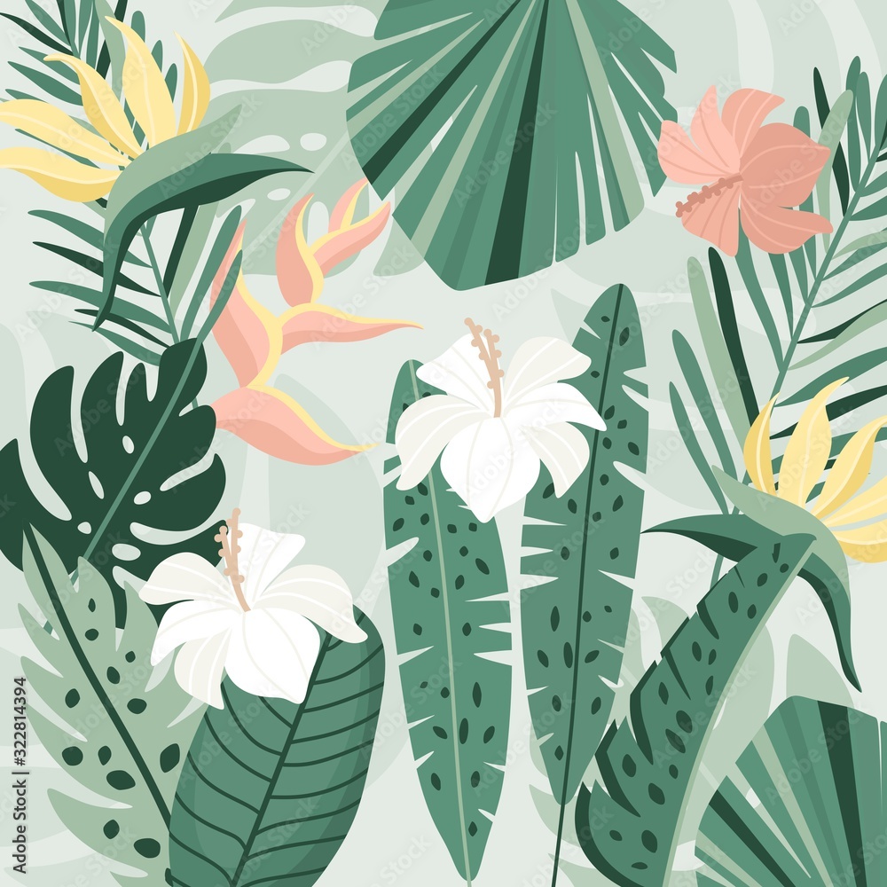 Tropical background. Vector jungle illustration. Greenery, palm leaves, banana leaf, hibiscus, plumeria flowers. - obrazy, fototapety, plakaty 
