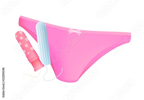 Tampon with Applicator and Pink Female Panty Isolated. Comfortable Feminine Hygiene Menstruation Blood Absorbent Provided Maximum Protection for Active Woman. Realistic 3d Vector Illustration