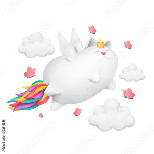 A funny unicorn cat with rainbow tail character fly across the sky.