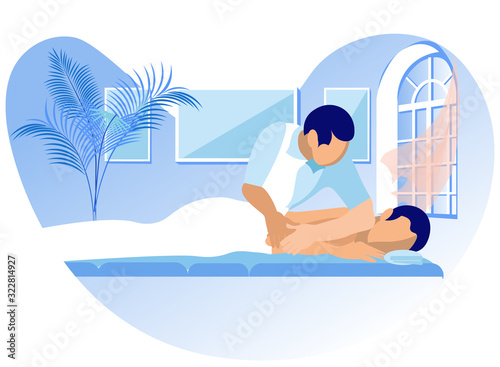 Vector Illustration Rehabilitation Massage Cartoon. Doctor makes Healing Massage to back Man. Stimulation and Relaxation for Effective Treatment Diseases Spine. Manual and Osteopathic Techniques.