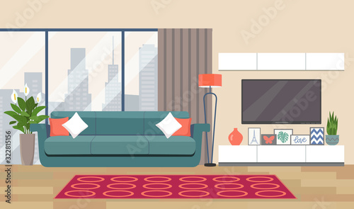 Living room interior. Window, sofa, TV. Vector flat style illustration