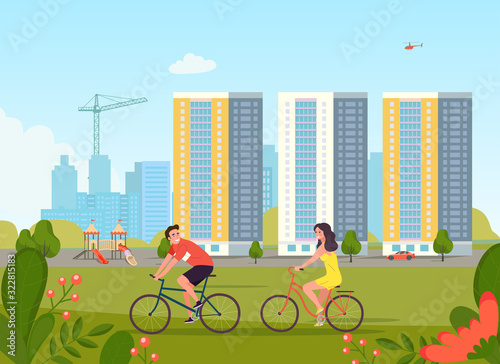 New appartment building and children's playground at the residental area. Vector flat style illustration
