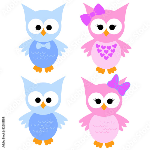 Cute pink and blue cartoon owls vector set for baby showers, birthdays and invitation designs