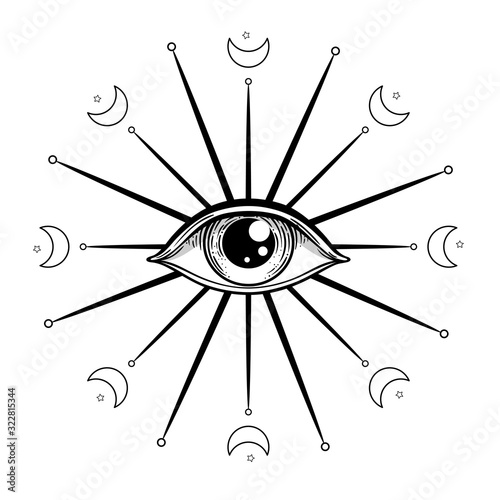 Blackwork tattoo flash. Eye of Providence. Masonic symbol. All seeing eye inside triangle pyramid. New World Order. Isolated vector illustration