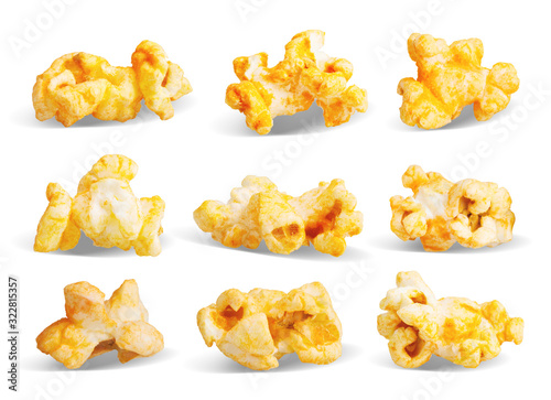 Spiced popcorn with cheese or bacon flavor. Collection of ready-to-eat popcorn isolated on white background with clipping path 