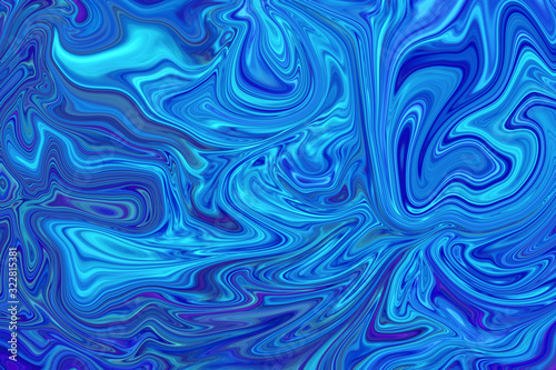 Unique abstract liquified metal effect. Delicately swirled, vivid fluid art. Shades of blue. Digital illustration background. Phone or iPhone wallpaper.