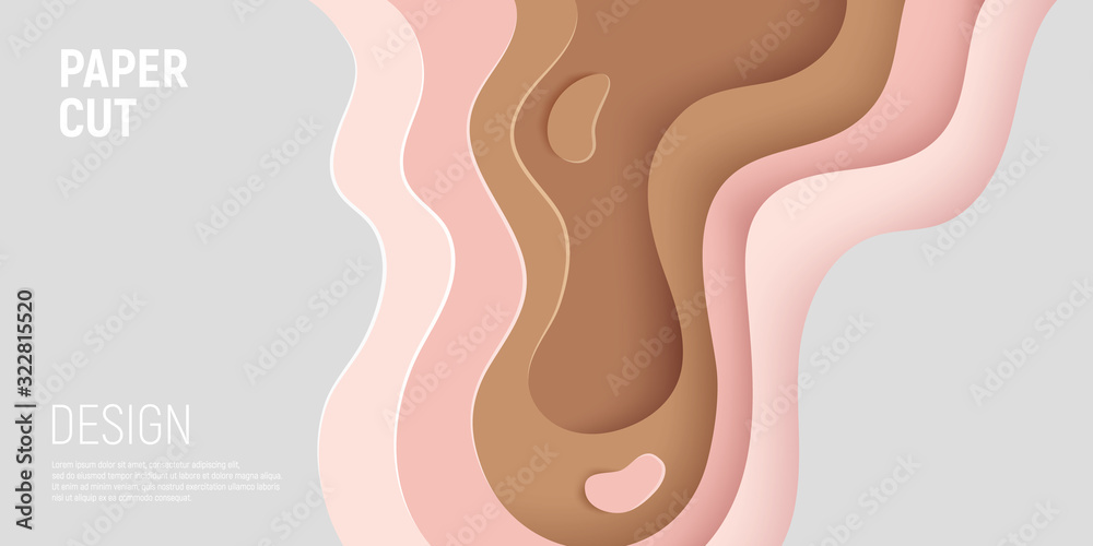 Paper cut banner with 3D slime abstract background and pink, brown, grey waves layers. Abstract layout design for brochure and flyer. Paper art vector illustration Paper cut banner with 3D slime abstract background and pink, brown, grey waves layers. Abstract layout design for brochure and flyer. Paper art vector illustration