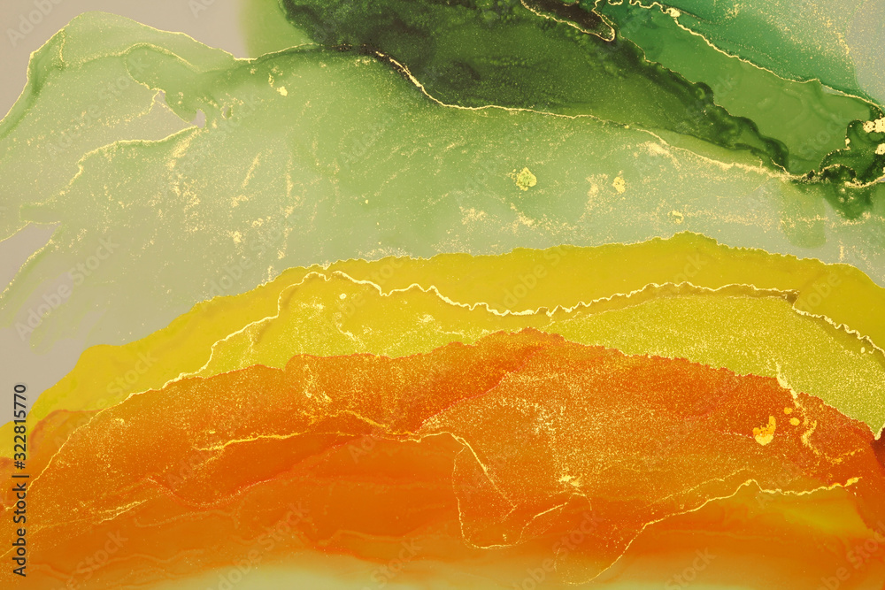 Fototapeta Abstract yellow and green wave blots background. Alcohol ink colors. Marble texture.
