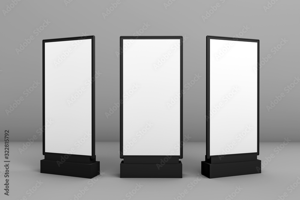 3d rendering of trade and retail concepts. Empty advertising billboard.Totem light box. Commercial outside baner for ad. Front, left and right side views of empty street banner. 3d rendering of trade and retail concepts. Empty advertising billboard.Totem light box. Commercial outside baner for ad. Front, left and right side views of empty street banner.