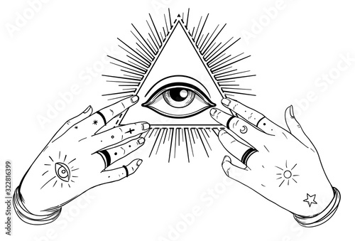 Human hands open around masonic symbol all seeing eye over sacred heart and pyramid. New World Order. Alchemy, religion, spirituality, occultism. Color vector illustration in vintage style isolated.