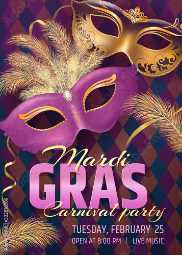 Beautiful venetian mask. Mardi Gras Carnival Party invitation card template. Spring holidays. Vector illustration EPS10.