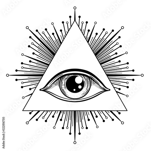 Blackwork tattoo flash. Eye of Providence. Masonic symbol. All seeing eye inside triangle pyramid. New World Order. Sacred geometry, religion, spirituality, occultism. Isolated vector illustration