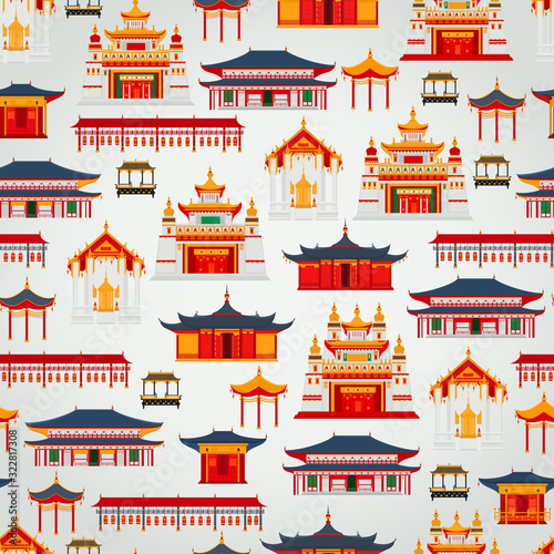 Seamless vector pattern with Chinese traditional buildings and temples on a light gray background.