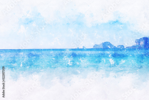 Fototapeta Naklejka Na Ścianę i Meble -  Abstract colorful wave sea ocean water in Krabi, Thailand on watercolor illustration painting background.