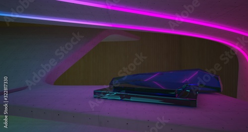 Abstract architectural concrete, wood and glass interior of a minimalist house with colored neon lighting. 3D illustration and rendering. © SERGEYMANSUROV
