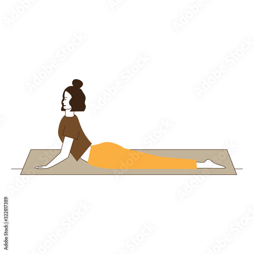 Female yogi stretching body. Young woman doing yoga on mat flat vector illustration. Body training, practice, lifestyle concept for banner, website design or landing web page
