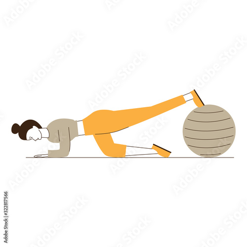 Young woman training with fitness ball. Female character doing plank exercise with Swiss ball flat vector illustration. Fitness club, workout concept for banner, website design or landing web page